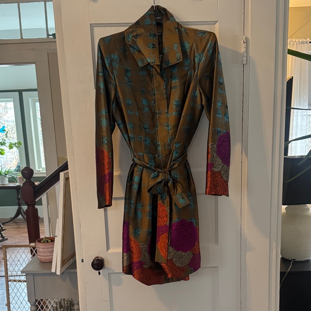 Samuel Dong Olive Green Satin Floral Wrap Dress Coatwith Purple & Orange Accents